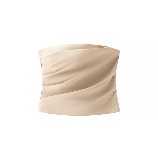 Pleated Strapless Crop tank Top Beige Color Zipper Fly Long Pants Casual Fashion Women 2 Piece Set