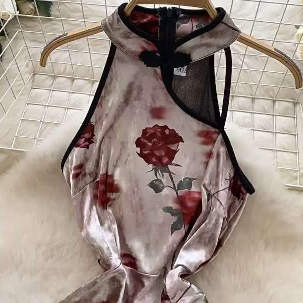 Vintage New Design Hollow-out Sleeveless Printed Velvet Waist Slit Dress