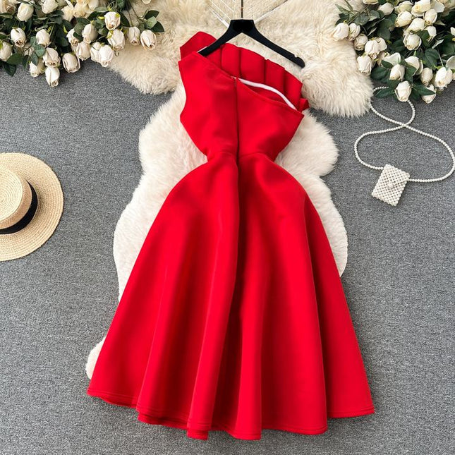 Wholesale Summer Temperament Backless Oblique Neck Single Shoulder Slim Slim Sleeveless Air Layer A-line Dress