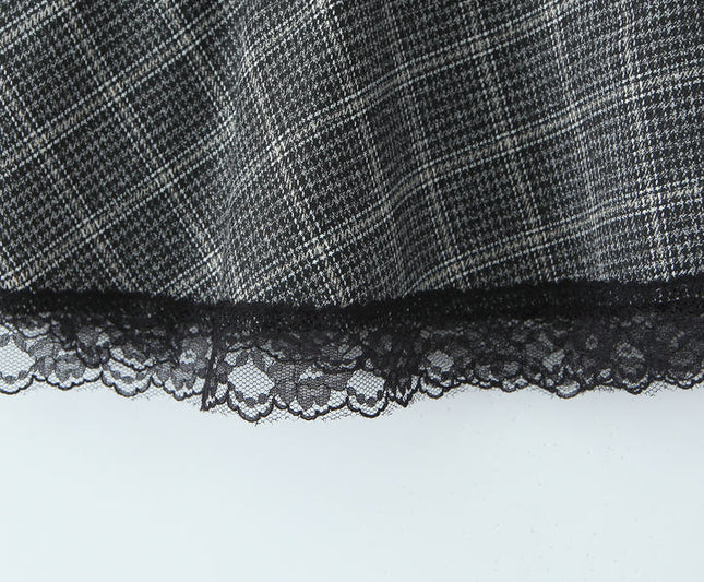 Gray Color Plaid Print Bottom Lace Hot Sale Casual Fashion Mini Skirt for Women