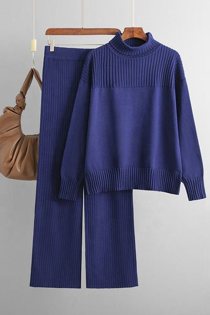 Loose Long Sleeve High Neck Top Wide Leg Pants Ladies Clothing Two Piece Knit Sweater Set