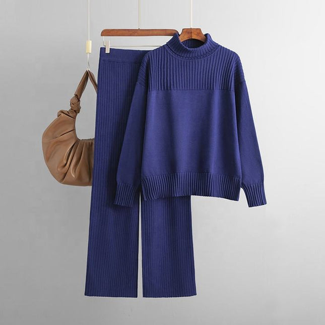 Loose Long Sleeve High Neck Top Wide Leg Pants Ladies Clothing Two Piece Knit Sweater Set