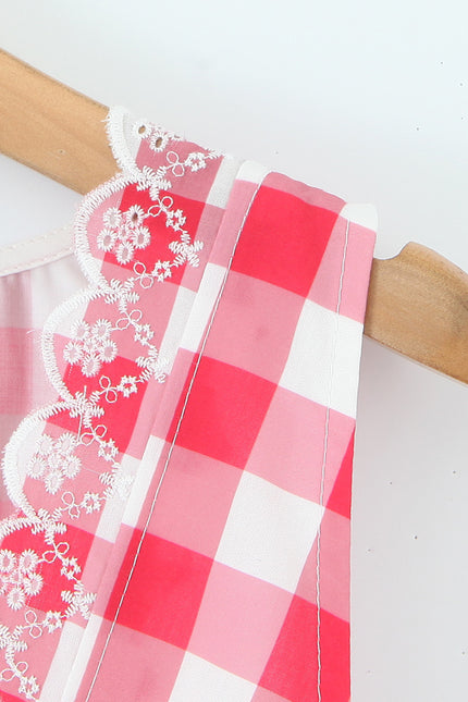 V Neck Buttons up Red White Color Plaid Print Sleeveless Casual Fashion Summer Cotton Mini Dress for Women
