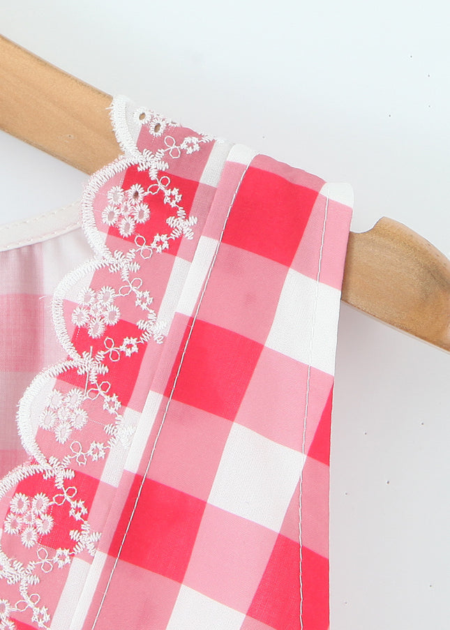 V Neck Buttons up Red White Color Plaid Print Sleeveless Casual Fashion Summer Cotton Mini Dress for Women