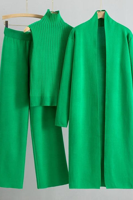 Autumn New Elegant Simple Knitted Set Sleeveless Tank Top+long Sweater Cardigan Pants Three Piece Sets