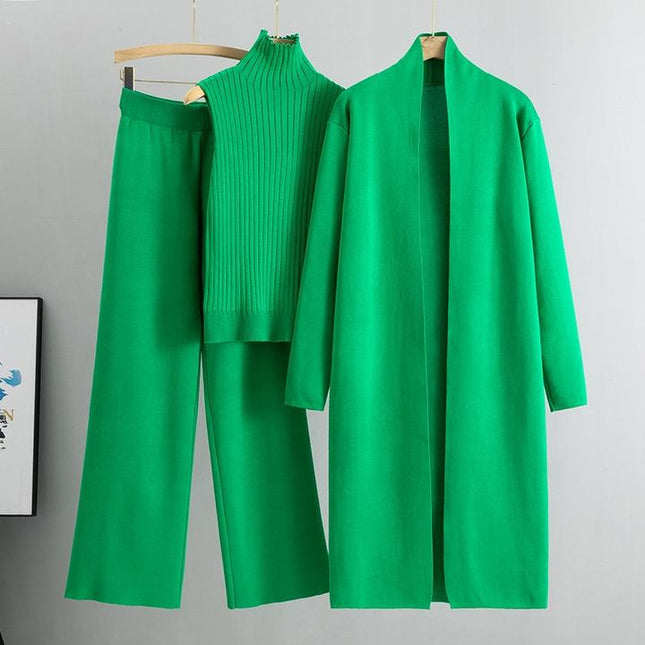 Autumn New Elegant Simple Knitted Set Sleeveless Tank Top+long Sweater Cardigan Pants Three Piece Sets