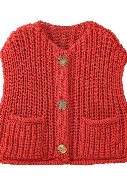 Crew Neck Red Color Buttons up Front Pockets Eyelet Casual Fashion Sweater Vest for Women