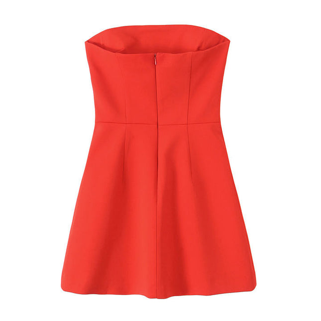 Strapless Red Color Zipper Fly Hot Sale Casual Fashion Mini Dress for Women