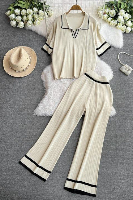 2024 New Fashion Set Style Contrast Color Short Sleeved Knitted Shirt+High Waist Slim Wide Leg Pants Set of Two