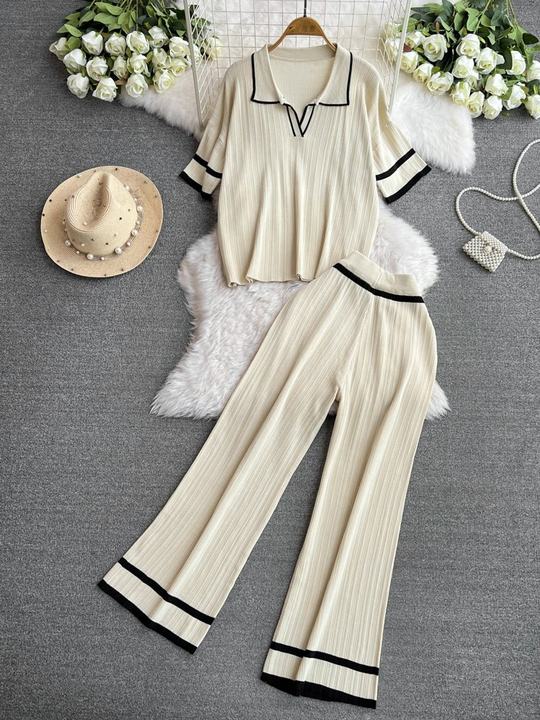 2024 New Fashion Set Style Contrast Color Short Sleeved Knitted Shirt+High Waist Slim Wide Leg Pants Set of Two