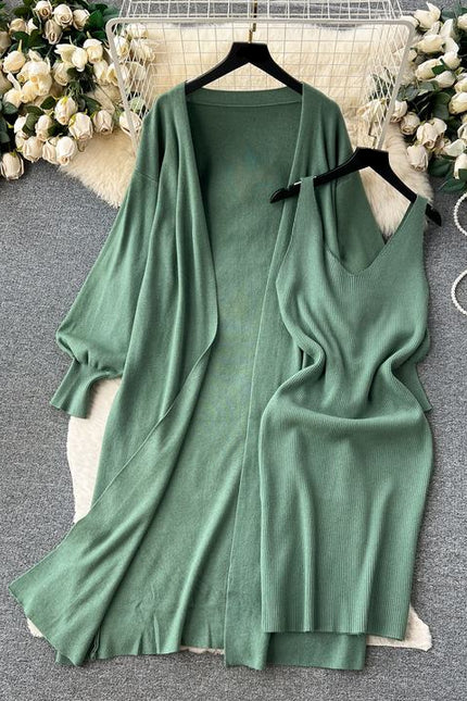 Yüksek dereceli düz renk örme moda seti kadın sonbahar v yaka Halters elbise gevşek ince uzun kollu üst
