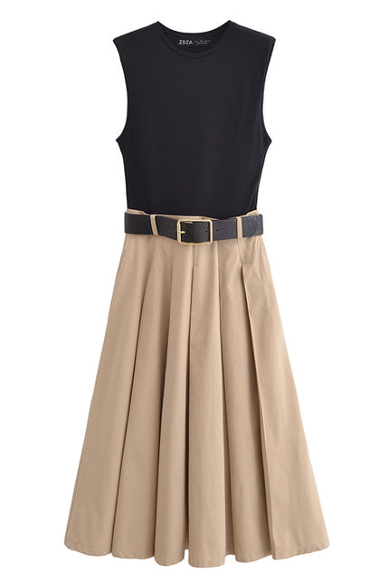 Crew Neck Black Beige Color Sashes Sleeveless Casual Fashion Summer Long Dress for Women