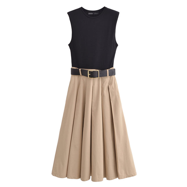 Crew Neck Black Beige Color Sashes Sleeveless Casual Fashion Summer Long Dress for Women
