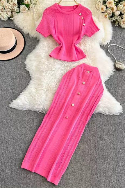High-end Style Is Shoulder Short Sleeve Small Short Top Ice Silk Knitwear + High Waist Skirt Set