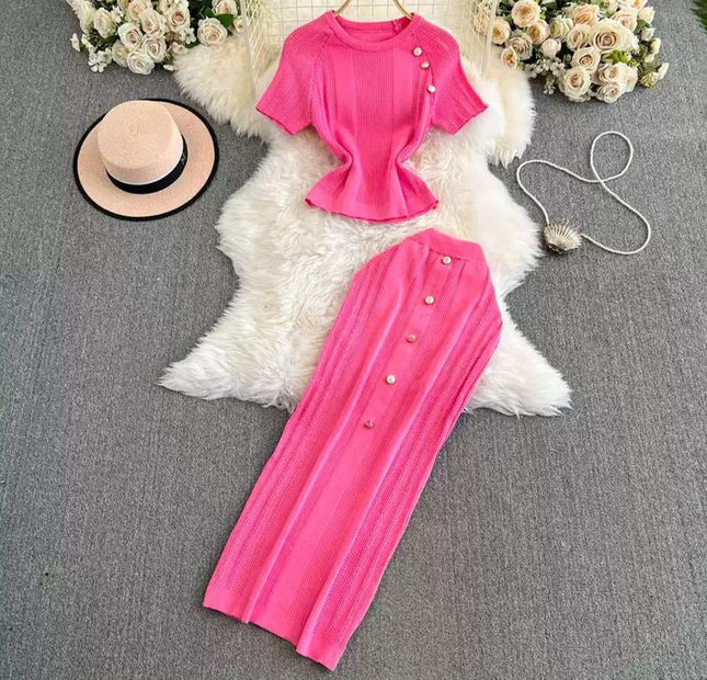 High-end Style Is Shoulder Short Sleeve Small Short Top Ice Silk Knitwear + High Waist Skirt Set