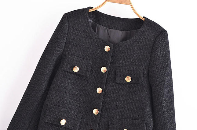 Black Color Crew Neck Cute Design Tweed Jacket Women Fashion Short Trench Coat With Pockets
