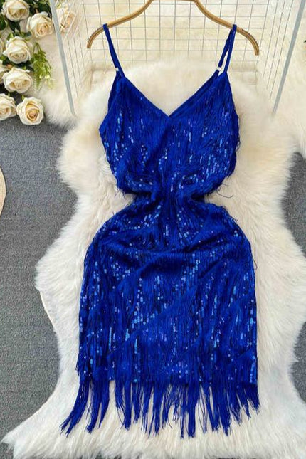 Women Sequined Tassel V-neck Mini Party Dresses Solid Color Luxury French Clubwear Straps Dress