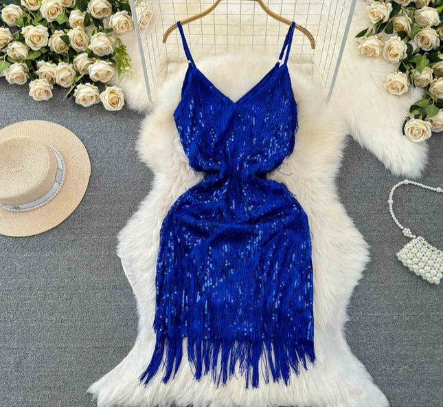 Women Sequined Tassel V-neck Mini Party Dresses Solid Color Luxury French Clubwear Straps Dress