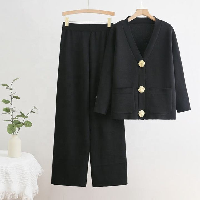 Wholesale Fall and Winter New V-Neck Single Row Button Cardigan Top Wide Leg Pants Knitted Two-Piece Set