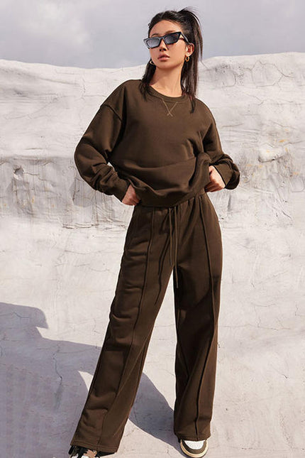 PASUXI New Fashion Round Neck Solid Workout Sets for Women Long Sleeve and Wide Leg Pants Gym Wear Set