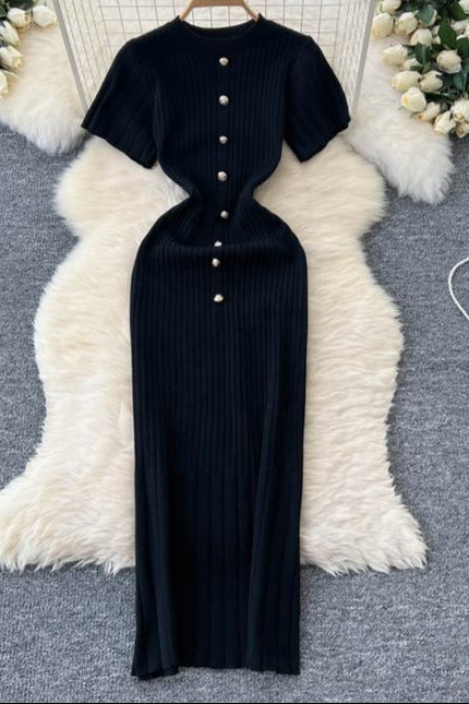 Women's New Premium Round Neck Short Sleeve Slim French Knit Dresses