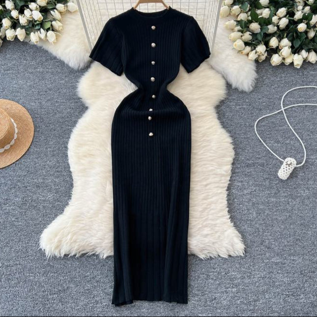 Women's New Premium Round Neck Short Sleeve Slim French Knit Dresses