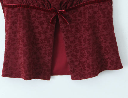Short Sleeve Red Color Front Bow Tie Floral Pattern Casual Fashion Crop Top Blouse for Women