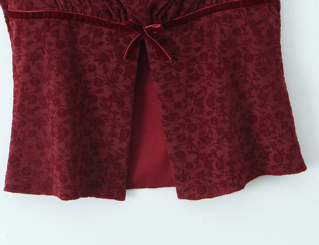 Short Sleeve Red Color Front Bow Tie Floral Pattern Casual Fashion Crop Top Blouse for Women