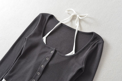 6 Colorway Buttons up Long Sleeve Knitted Solid Color Patchwork Design Casual Fashion Women t Shirt