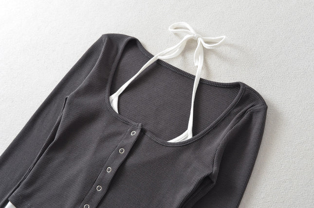 6 Colorway Buttons up Long Sleeve Knitted Solid Color Patchwork Design Casual Fashion Women t Shirt