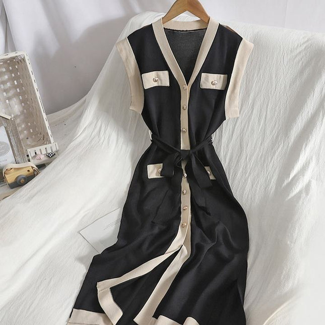 Contrast Color Sleeveless Vest Skirt for Summer New Single Breasted Split Knitted Slimming Dress for Women