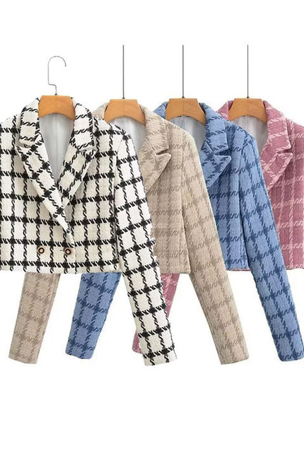 4 Colorway Solid Color Plaid Pattern Double Breasted Long Sleeve Casual Fashion blazer Jacket for Women