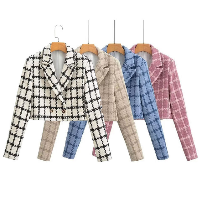 4 Colorway Solid Color Plaid Pattern Double Breasted Long Sleeve Casual Fashion blazer Jacket for Women