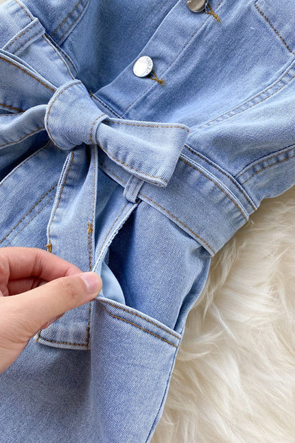 Retro Buckle Ties Waist Straight Wide Leg Pants Denim Jumpsuit