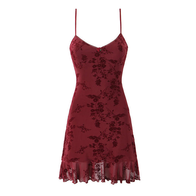 Spaghetti Strap Burgundy Color Floral Pattern Casual Fashion Mini slip Dress for Women