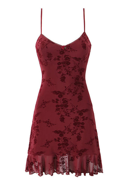 Spaghetti Strap Burgundy Color Floral Pattern Casual Fashion Mini slip Dress for Women
