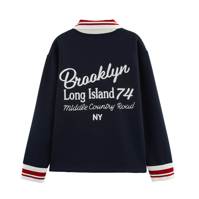 Turn Down Collar Navy Color Long Sleeve Letter Embroidery Casual Fashion Polo Shirt Sweatshirt for Women
