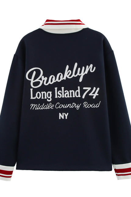 Turn Down Collar Navy Color Long Sleeve Letter Embroidery Casual Fashion Polo Shirt Sweatshirt for Women