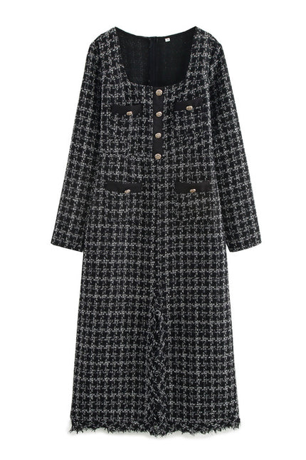 Square Collar Long Sleeve Plaid Pattern Buttons up Casual Fashion Tweed Long Dress for Women