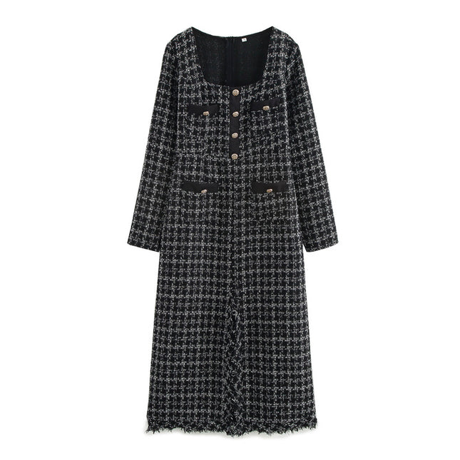 Square Collar Long Sleeve Plaid Pattern Buttons up Casual Fashion Tweed Long Dress for Women