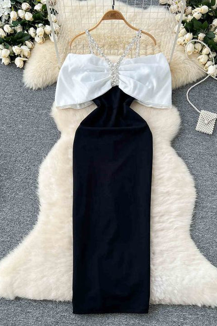 Europe and the United States Fashion Diamond Chain Slim Mid-Length Elegant Evening Dresses
