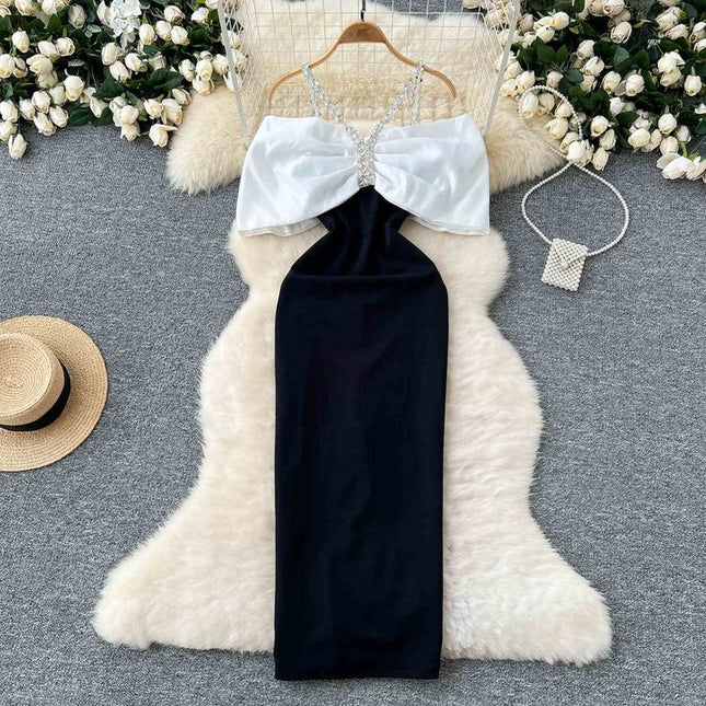 Europe and the United States Fashion Diamond Chain Slim Mid-Length Elegant Evening Dresses