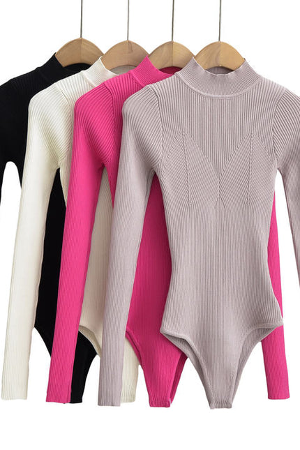 4 Colorway Solid Color Long Sleeve Knitted Casual Fashion Bodysuits for Women