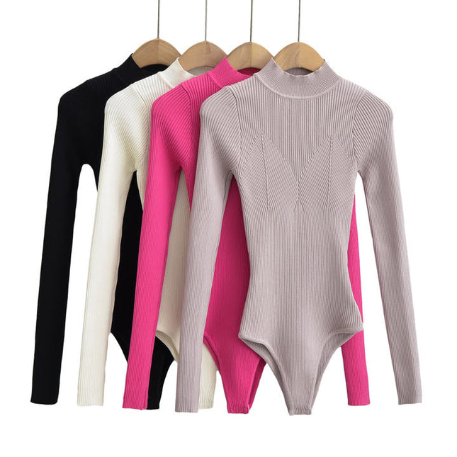 4 Colorway Solid Color Long Sleeve Knitted Casual Fashion Bodysuits for Women