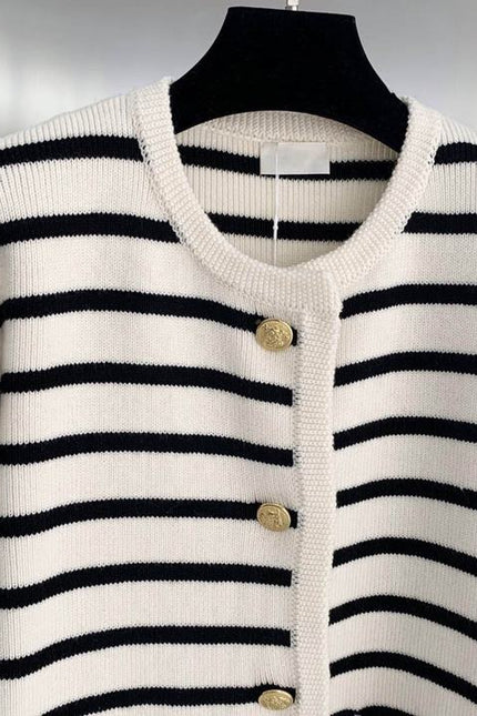 Round Neck Color Clashing Striped Knitted Cardigan Women Spring Autumn French Loose Short Sweater Jacket