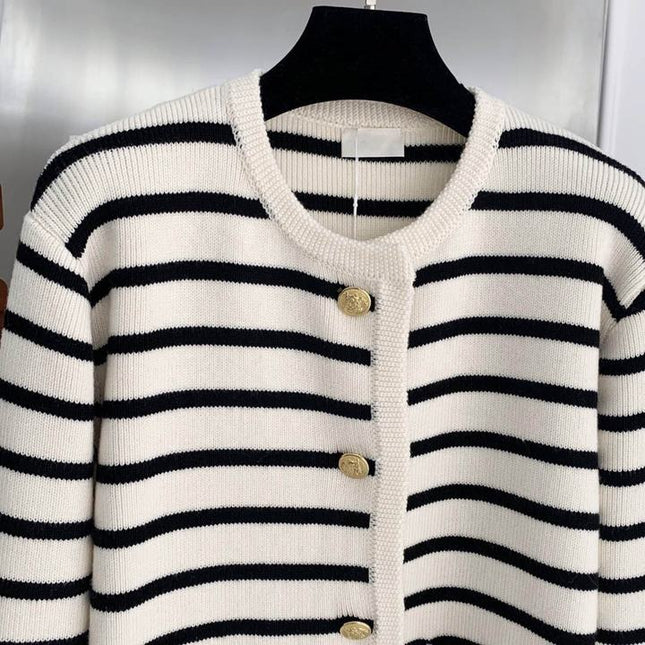 Round Neck Color Clashing Striped Knitted Cardigan Women Spring Autumn French Loose Short Sweater Jacket