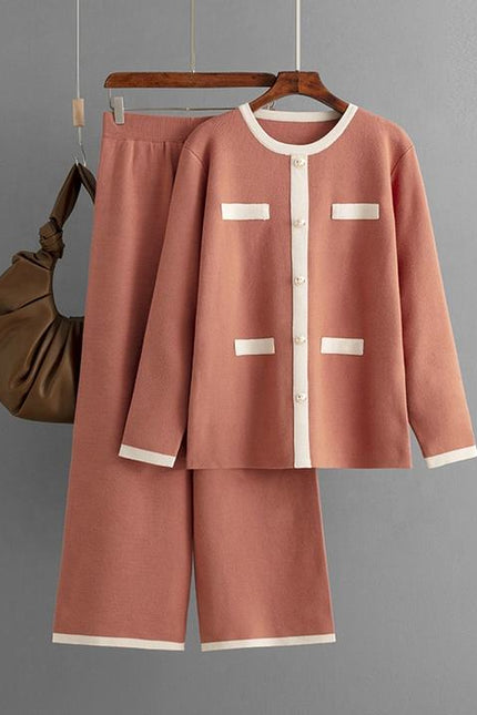 Wholesale Spring Round Neck Button Contrast Color Long Sleeve Top High Waist Wide Leg Knitted Trousers Women's Set