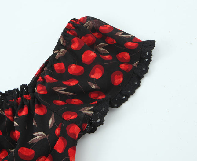 Fruit Print Black Red Color Front Lace up Casual Fashion Women's Crop Top