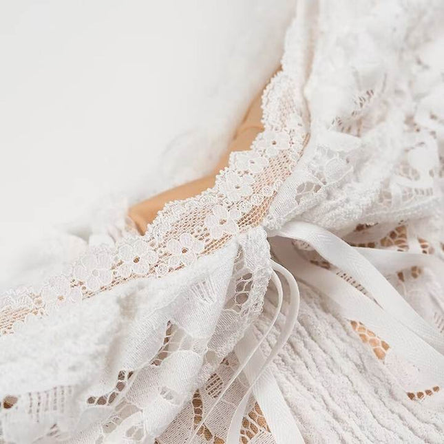Slash Neck White Color Long Sleeve Front Lace up Floral Lace Casual Fashion Mini Dress for Women