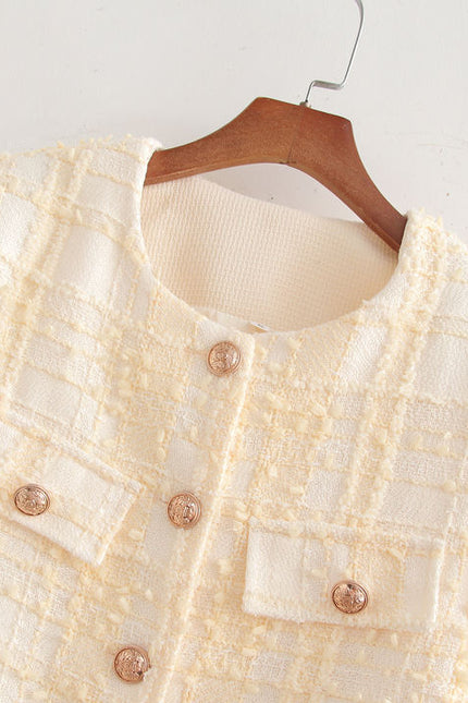 Crew Neck Beige Color Single Breasted Long Sleeve Hot Sale Casual Tweed Jacket for Women